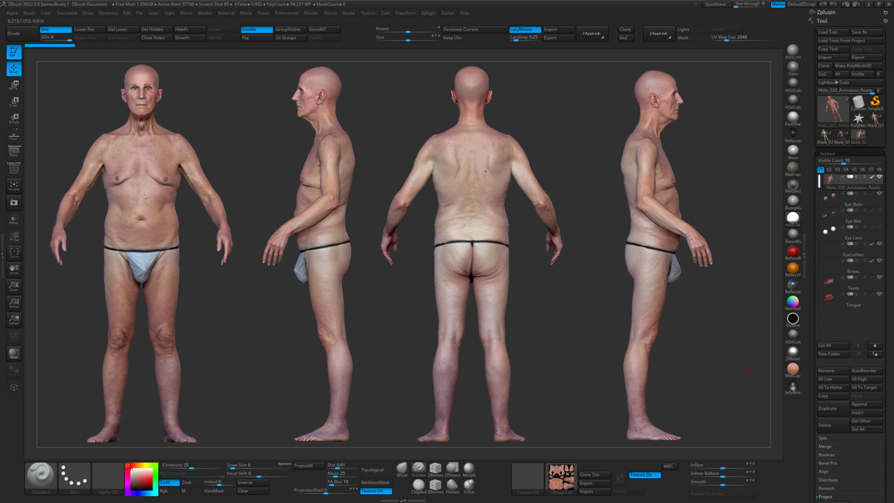 ZBrush ZTool render of an older male full body 3D scan at high subdivision level showing sculpt-ready geometry